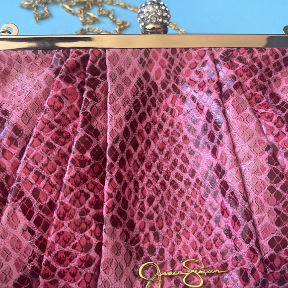 Jessica Simpson Pink and Red snake skin top-latch clutch purse - Picture 7 of 10